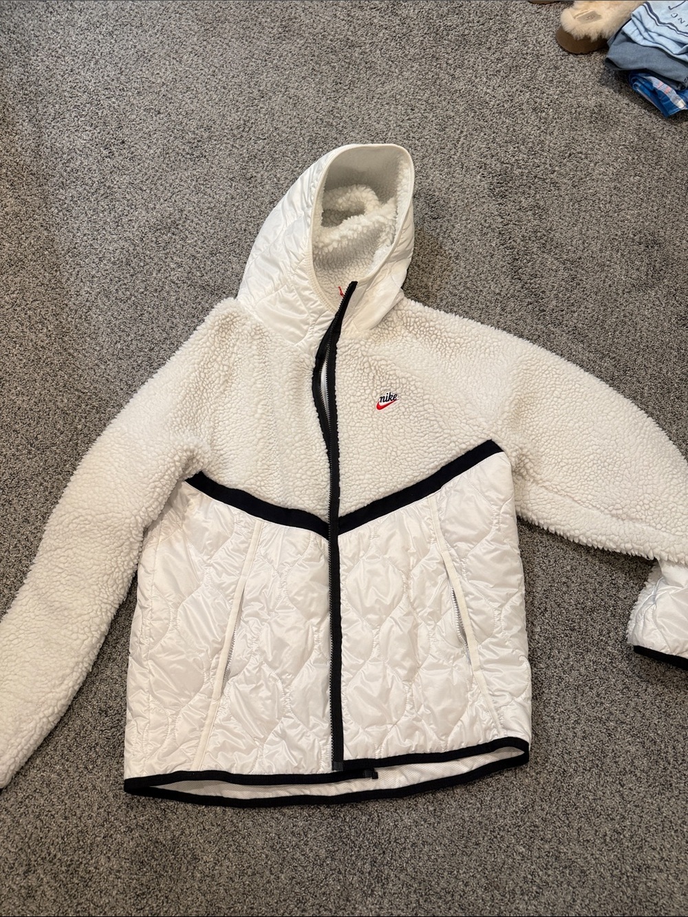 Nike White Sherpa & Quilted Hooded Jacket with Black Trim